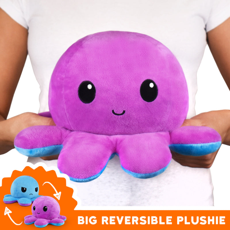 Reversible BIG Octopus Plushie: Happy Purple/Angry Blue